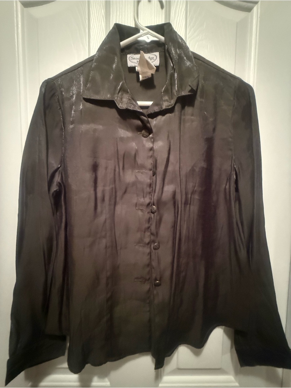 Shiny Olive Green Button-Up Satin Blouse